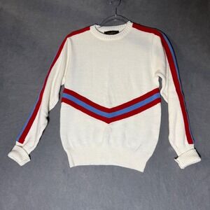 Dehen USA Acrylic Sweater Striped Ivory Red Blue Women's Tagged M Fits XS
